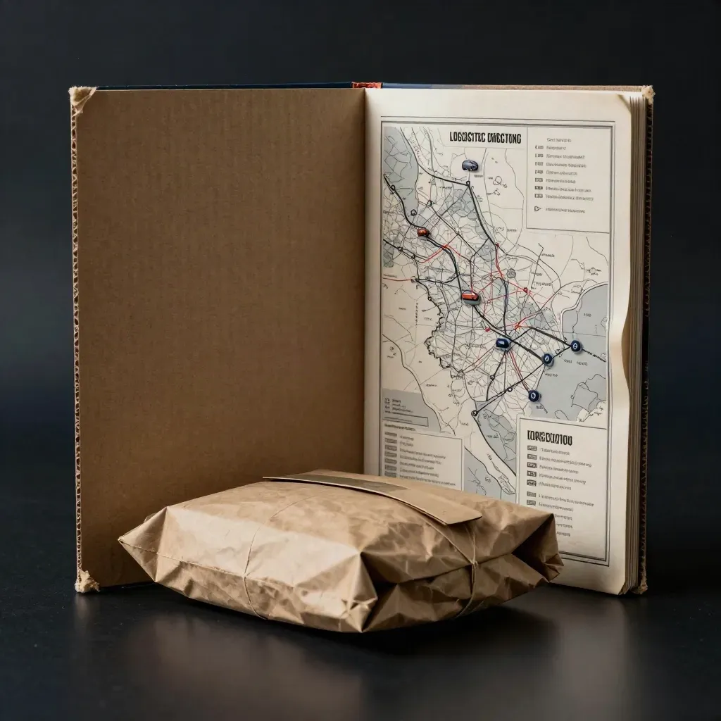 Logistik-Katalog auf schwarzer Fläche mit Faltkarte, Transportmarkern und Wachspapier