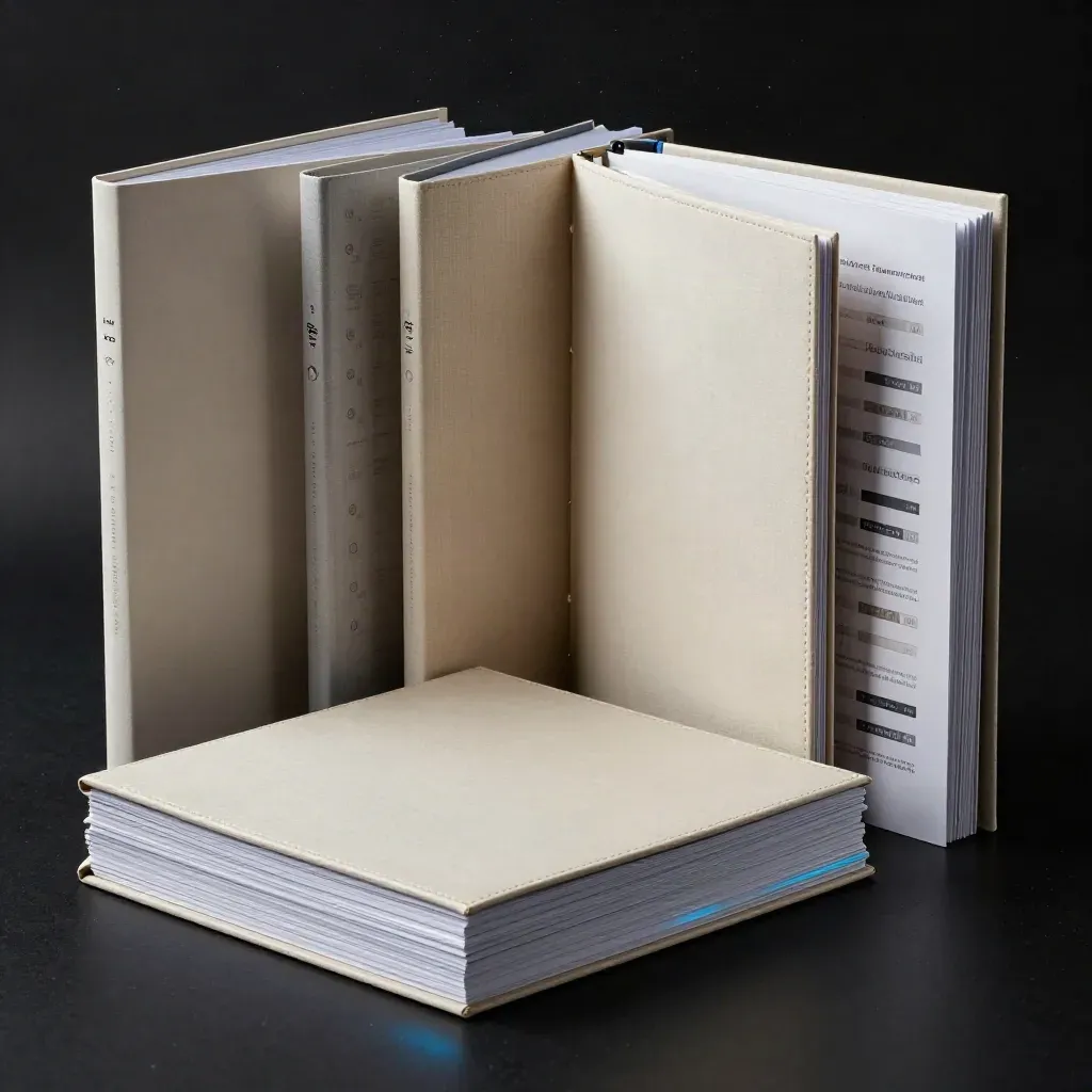 Premium-Firmenpaket aus Ordnern und Heften auf dunklem Studiohintergrund, dramatisch blau gerandet.